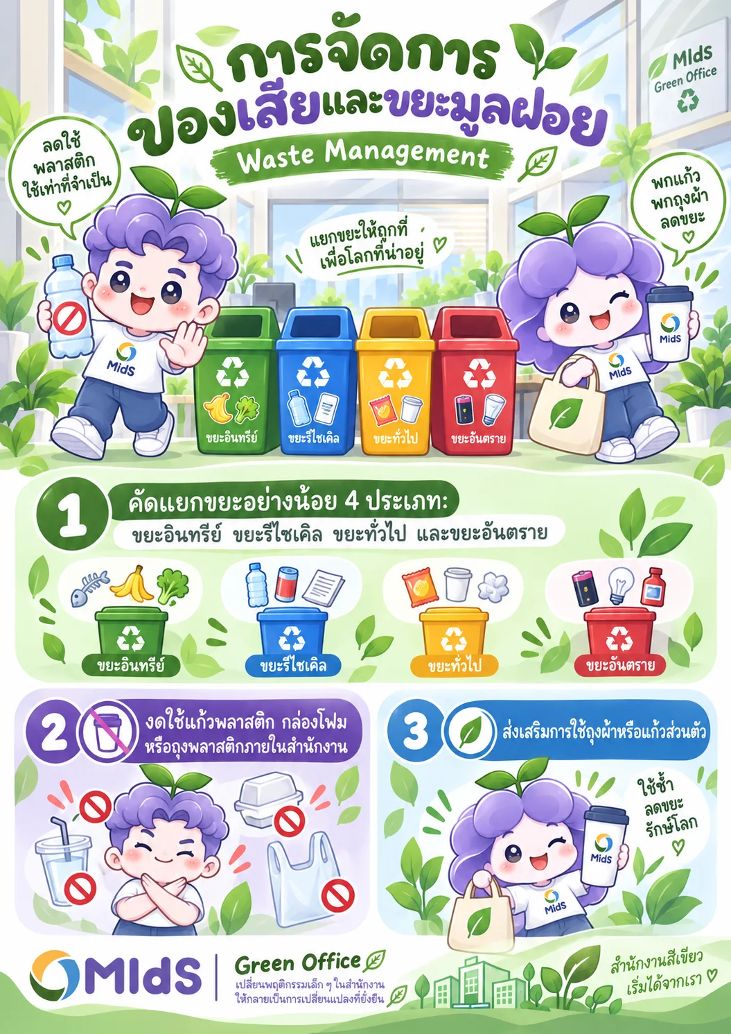 โปสเตอร์ MIdsy & MIdsa: 🗑️ ขวดน้ำพลาสติกต้องทิ้งถังสีอะไร? แล้วถ่านไฟฉายล่ะ? 🤔